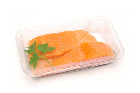Salmon packed by tray sealer